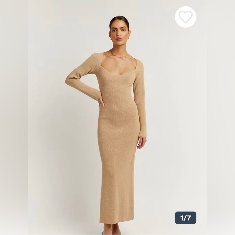 Dissh Stride Ribbed Long Sleeve Midi Dress Large Beige Knit Minimal Clean Girl